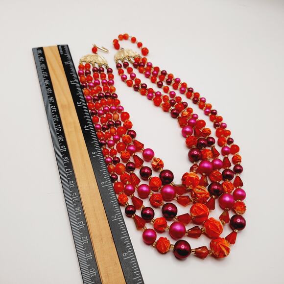 Vintage Japan 1950s 5 Strand Red Pink Beaded Necklace 17” Signed Hook - Picture 12 of 12